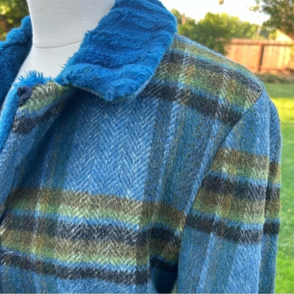 Vintage 70s Sir Jac Plaid Wool Faux Fur Lined Coat Made in USA Women’s Size 36